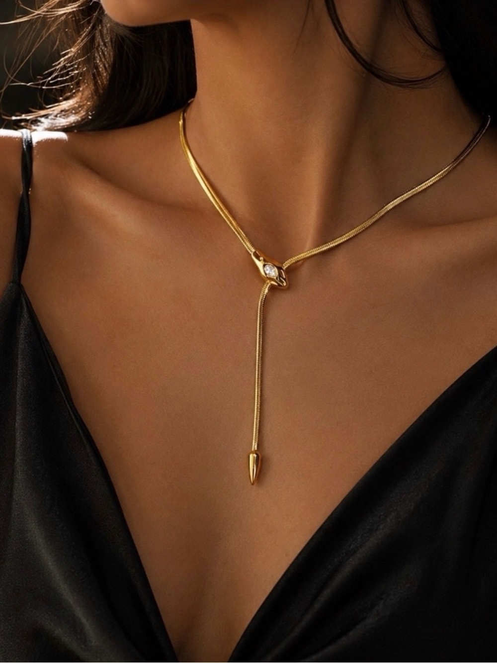 Gold Lariat Snake Necklace with Crystal Accent
